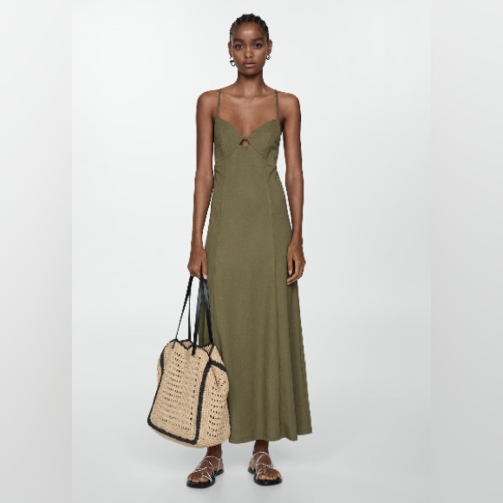 Mango Olive Green Open Back Tie Maxi Dress EU 36 US 4